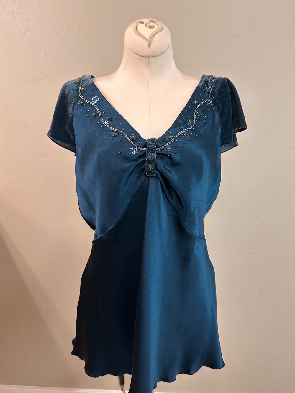 VTG Nine West Silk & Velvet Beaded Cap Sleeve Y2K Womens Sz 6 Teal Blouse Top